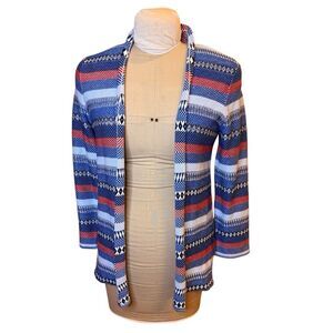 Ruby Rd. Open Front Woven Cardigan Jacket Blue/Red/White Petite Medium
